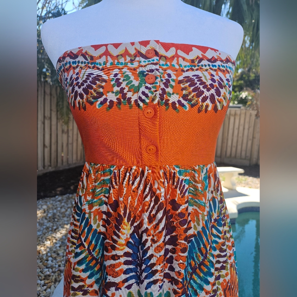 NEW Orange Maxi Dress Size XS Bohemian Strapless Resortwear Colorful Vacation - Picture 3 of 13